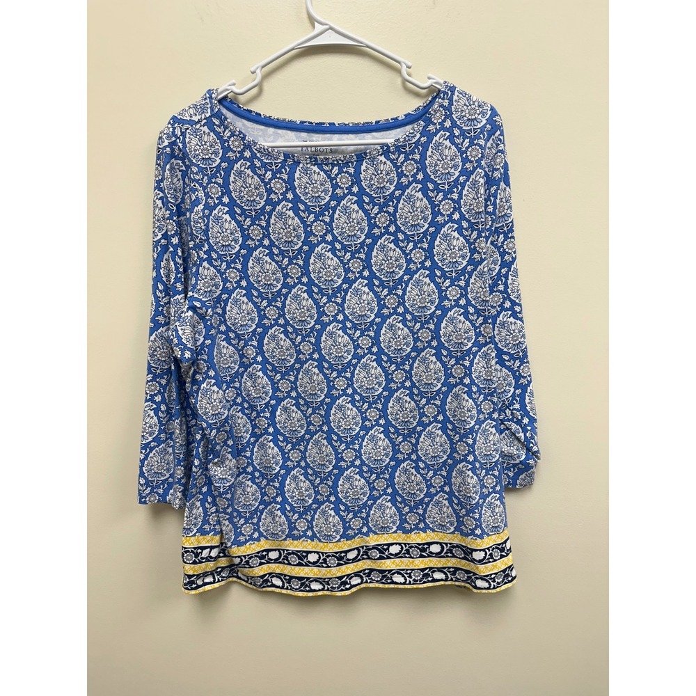 Talbots Plus 2X Blue White Paisley 3/4 Sleeve Tee Yellow Border Hem Top
